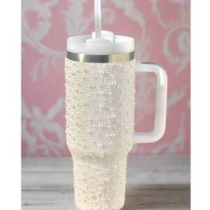 40 oz White Pearl Studded Stainless Steel Tumbler with Handle